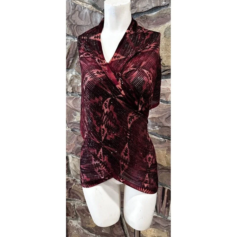 Rare Lauren Ralph Lauren Burgundy Burnout rayo Blend Fringed Shawl Scarf 80